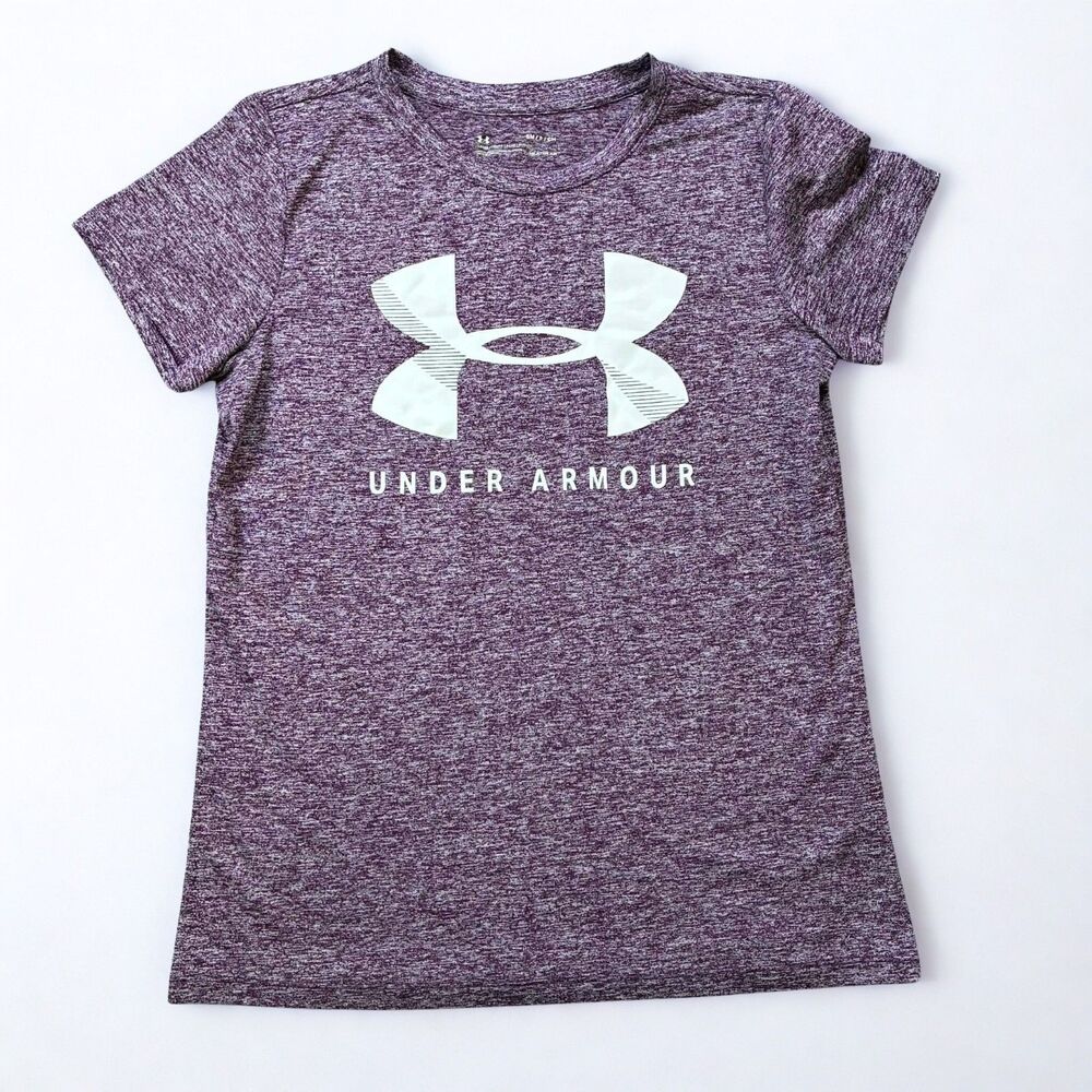 Under Armour T Shirt Womens Small HeatGear Loose Fit Purple Athletic Logo Tee